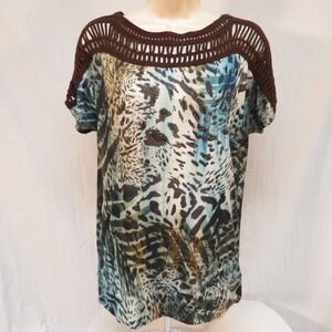 VTG B.L.E.U. Bling Shirt Animal Print Crotchet Knit Top Rhinestone Small